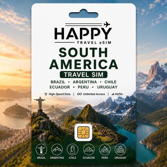 SOUTH AMERICA, Brazil, Argentina, Chile, Ecuador, Peru, Uruguay Travel SIM Card