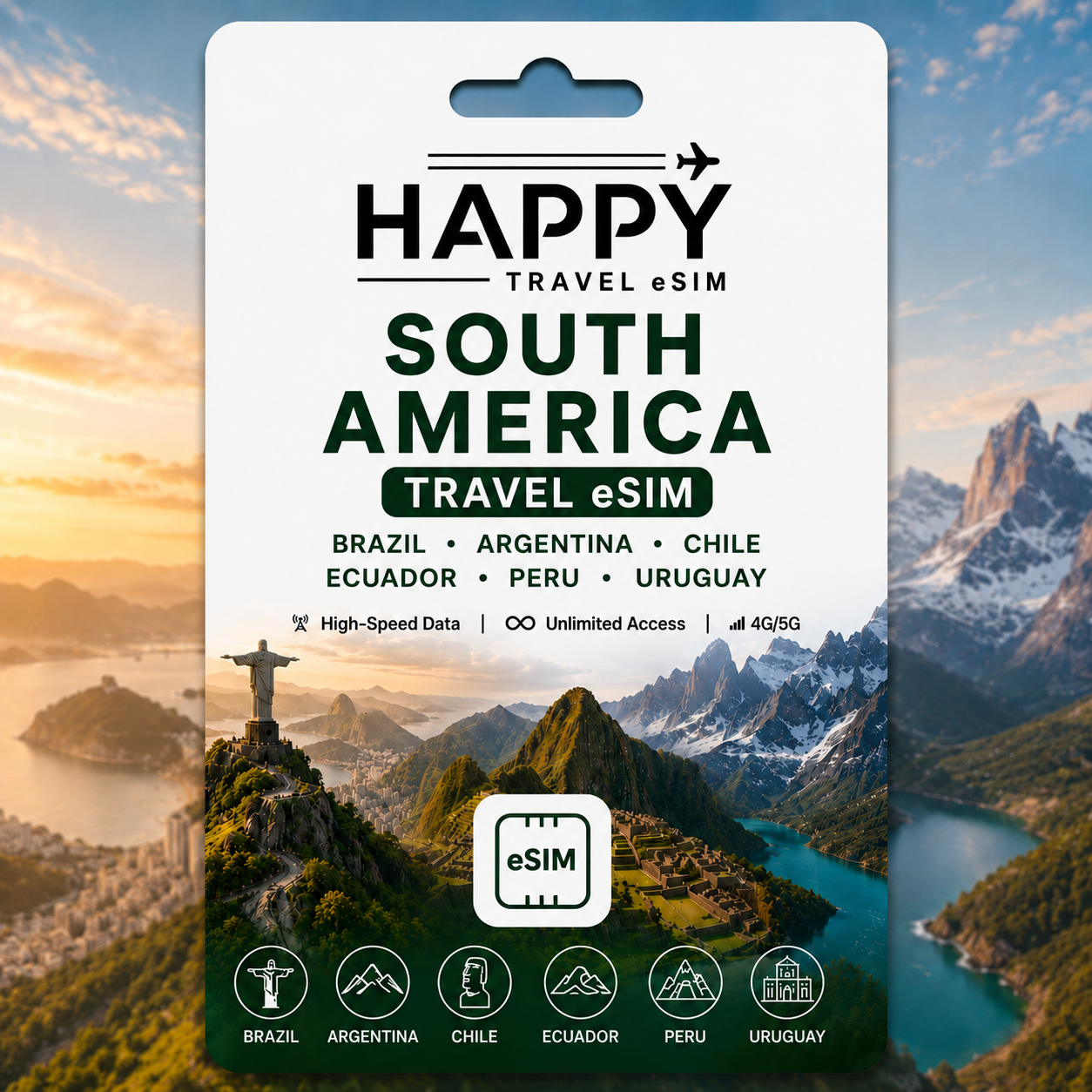 SOUTH AMERICA, Brazil, Argentina, Chile, Ecuador, Peru, Uruguay Travel eSIM