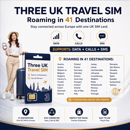 英国 eSIM — Three UK 英国本土网络 | 40GB 至无限流量 + 通话及短信 | 扫码即用 | 欧洲 41 国